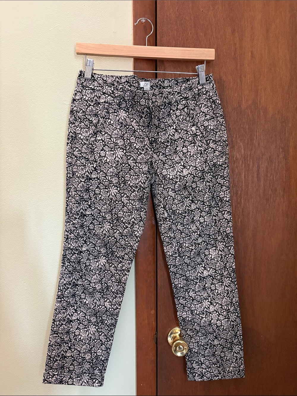 LOFT Black and White Floral Slim Ankle Pants